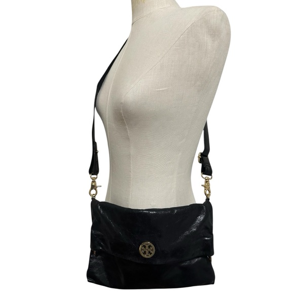 Tory Burch Dena Leather Crossbody Bag Handbag Folding Magnetic Flap Black - Picture 3 of 14